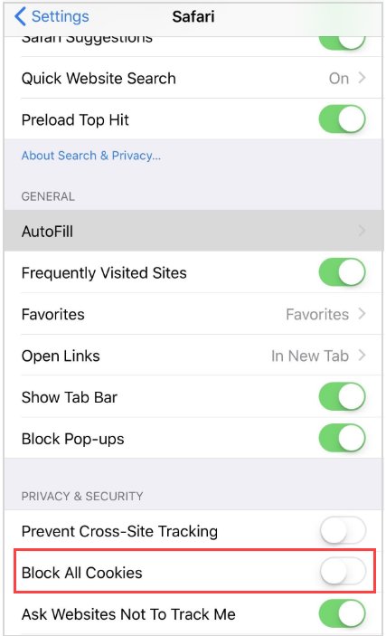 "Block All Cookies" option should be deselected in Safari.